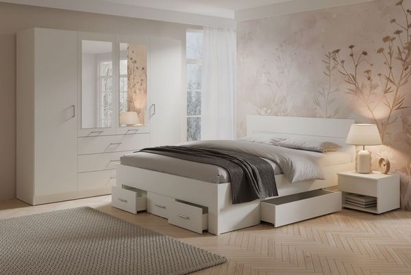 Lukas Möbel Schlafzimmer-Set Elegantes Schlafzimmer Set Monsun in Weiß, Bett mit 5 Schubladen, Kleiderschrank mit Spiegel, Breite wählbar