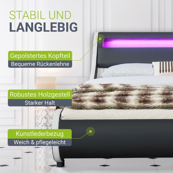Juskys 'Valencia' Polsterbett mit LED-Beleuchtung, Kunstleder, Schwarz, 140x200 cm, ohne Matratze Bild 5