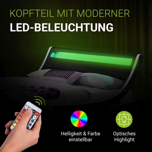 Juskys 'Valencia' Polsterbett mit LED-Beleuchtung, Kunstleder, Schwarz, 140x200 cm, ohne Matratze Bild 4