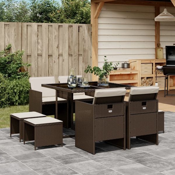 vidaXL 9-tlg. Garten-Essgruppe mit Kissen Braun Poly Rattan 3210597