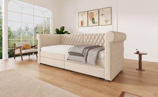 Polsterbett 90x200 cm mit Vintage-Kopfteil, Leinenbezug und 2 integrierten Schubladen，Beige