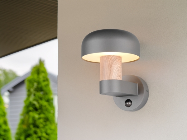 LED Außenwandleuchte Holzoptik mit Bewegungsmelder, Höhe 24cm