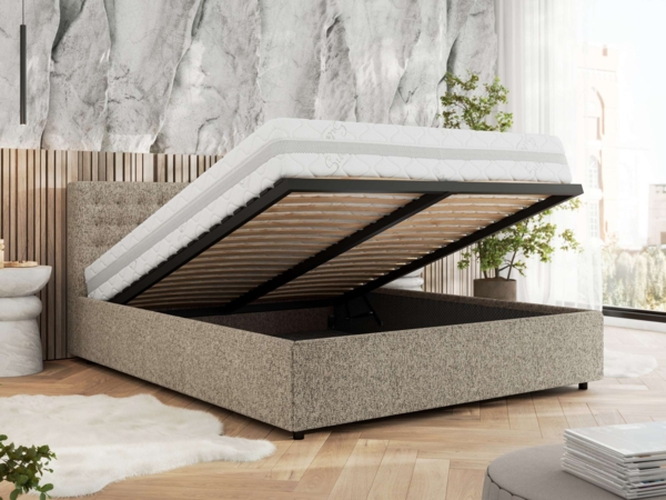 Polsterbett mit Holzlattenrost Doppelbett PAVO CLASSIC, hohe Kopfteil, Bettkasten mit Gasdruckfeder Foam Matratze - 160x200 cm - Dunkelbeige Strukture - MIRO LUX Bild 3