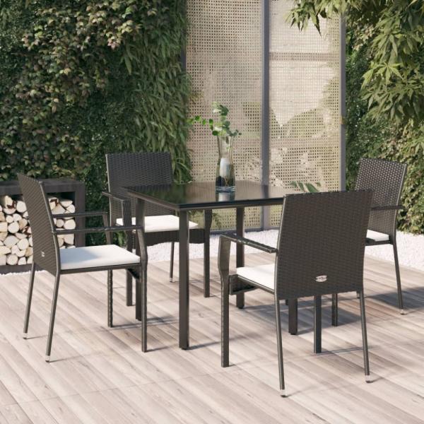 vidaXL 5-tlg. Garten-Essgruppe mit Kissen Schwarz Poly Rattan 3185120