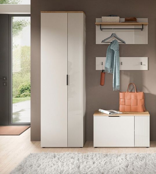 Home affaire Garderoben-Set EDIL, Breite 155 cm, 4-teilig, Front mit hochwertiger Längstfräsung, (Set, 3-St, best. aus: Hochschrank, Sitzbank, Paneel & Hakenleiste), Garderobenkombination, Kombination, Set, Garderobe, Flurgarderobe