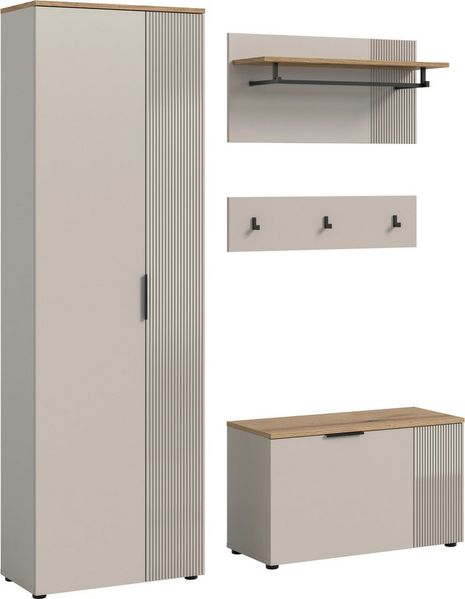 Home affaire Garderoben-Set EDIL, Breite 155 cm, 4-teilig, Front mit hochwertiger Längstfräsung, (Set, 3-St, best. aus: Hochschrank, Sitzbank, Paneel & Hakenleiste), Garderobenkombination, Kombination, Set, Garderobe, Flurgarderobe