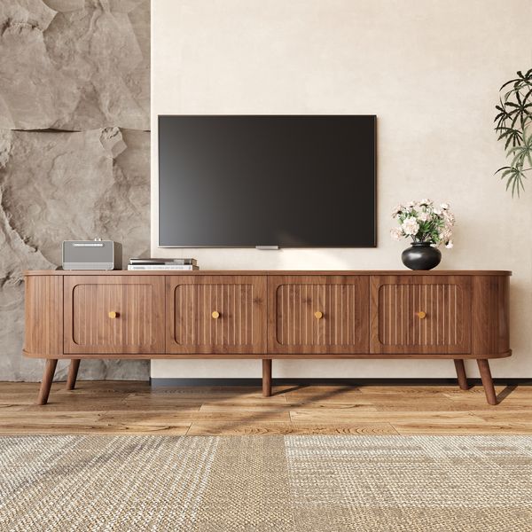 Merax 180cm TV-Schrank, TV-Ständer, TV-Panel, niedriger TV-Ständer. Vier Schranktüren, goldene Griffe, Holzbeine, Nussbaum