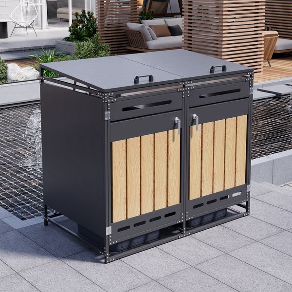 Merax Mülltonnenbox Mülltonnenschrank für 2 Tonnen 120–240L mit hydraulik Deckel & Schloss