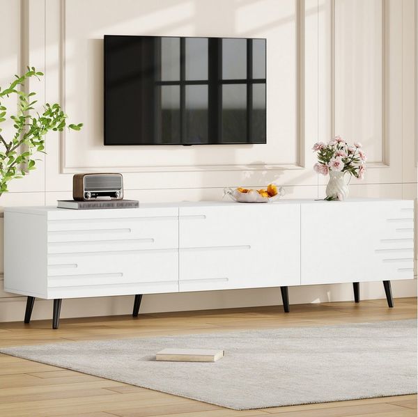 KLAM HOME Lowboard Weißer XXL TV-Schrank 180cm für bis 80 Zoll mit 3 Klapptüren (Lowboard mit 3D-Druck Design & riesigem Stauraum aus MDF), Modernes Wohnzimmer TV-Board mit platzsparender Klapptechnik