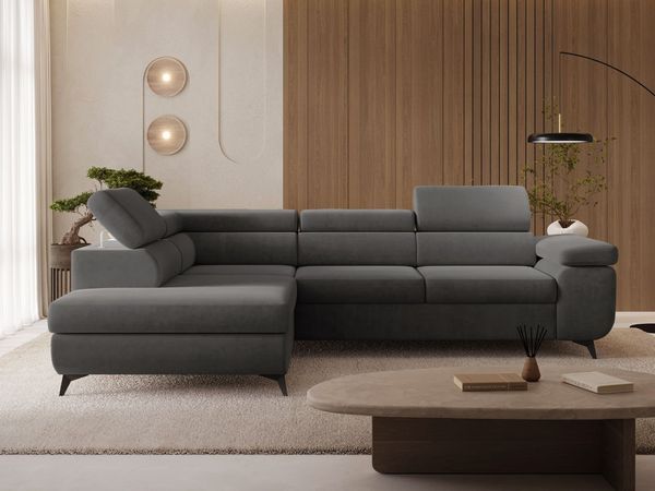 GRAINGOLD Ecksofa L-Form Argon L, Couch mit Wellenfeder, mit Schlaffunktion und Bettkasten, Velour-Stoff, Dunkelgrau