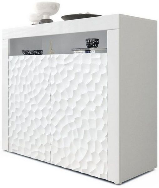 Vladon Kommode Valencia, Sideboard mit 2 Türen und 1 offenem Fach, Weiß matt/Weiß Hochglanz Calypso mit 3D Struktur/Weiß Hochglanz (108 x 92 x 40 cm)