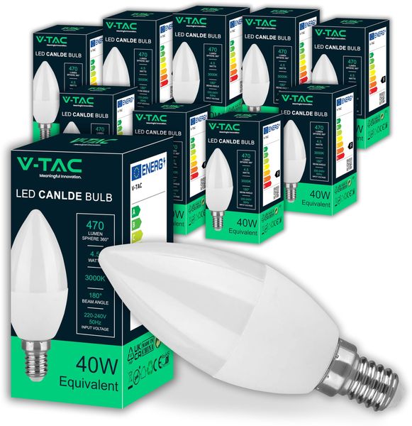 V-TAC 10x LED Glühbirne E14 Kerze - 4,5W (entspricht 40W) Kerzenlampe - 470 Lumen - Kerze Lampe - LED Glühlampen - Energiesparlampe - Licht 3000K Warmweiß