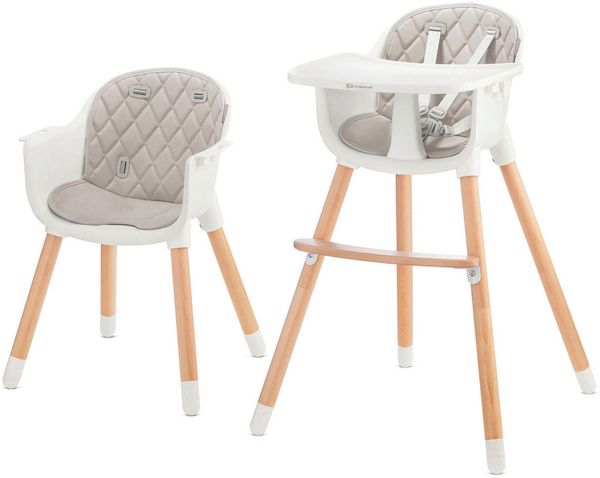 Kinderkraft 'Sienna' Kinderhochstuhl 2 in 1 Grau, Beine aus Holz, 5-Punkt-Gurt, Fußstütze, rutschfeste Stuhlbeinkappen inkl. abnehmbares Essbrett