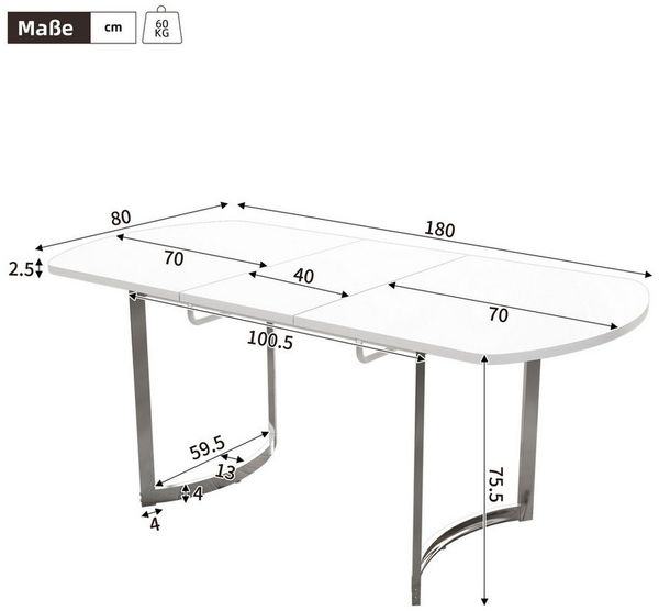 autolock Esstisch Ausziehbarer Esstisch versilberte Metallbeine für 4–6 Personen (Küchentisch 140/180 x 80 x 75 cm), Verstellbarer Esstisch Maximale Länge 180 cm für Wohn- und Esszimmer