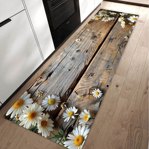 Primedeco Teppich Küchenteppich Holz und Gänseblümchen PVC rutschfest abwaschbar Läufer, Rechteckig, Höhe: 3 mm, Pflegeleicht & Wasserabweisend