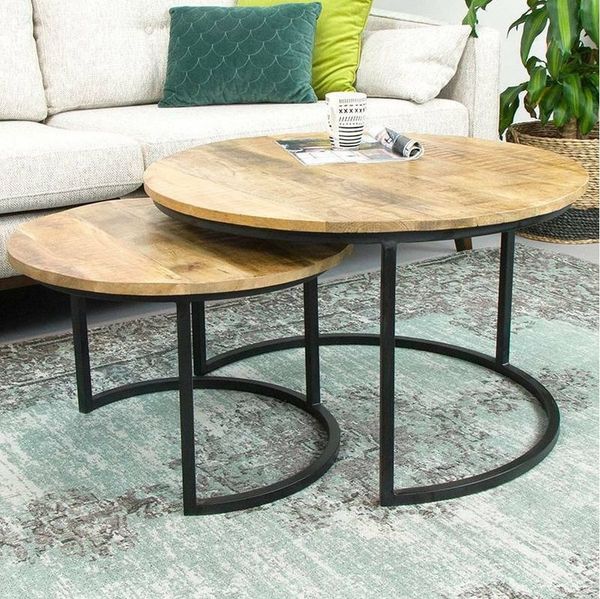 Couchcenter Couchtisch 2er Set Couchtisch Mangoholz rund Metall Mango Satztische Schwarz (2er Set)