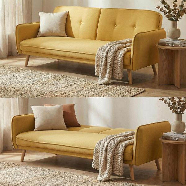 Schlafsofa HWC-J18, Couch Klappsofa Gästebett Bettsofa, Schlaffunktion Stoff/Textil 185cm ~ gelb