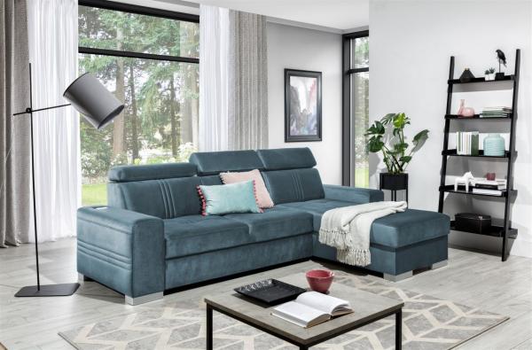 Ecksofa Schlafsofa NOLAN XS inkl. USB Stoff Monolith Petrolblau Ottomane Rechts