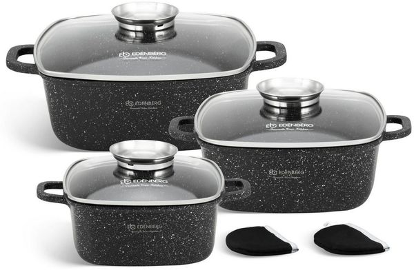 Edenberg Kochtopf Quadratische Töpfe in Schwarz mit langlebiger Steinbeschichtung, Keramik, Aluminiumguss, Edelstahl (Schwarzes Topfset mit Steinbeschichtung – ideal für Suppen, Eintöpfe und mehr, 6-tlg, Zeitloses Design des Topfsets. Eine ideale Gesch...