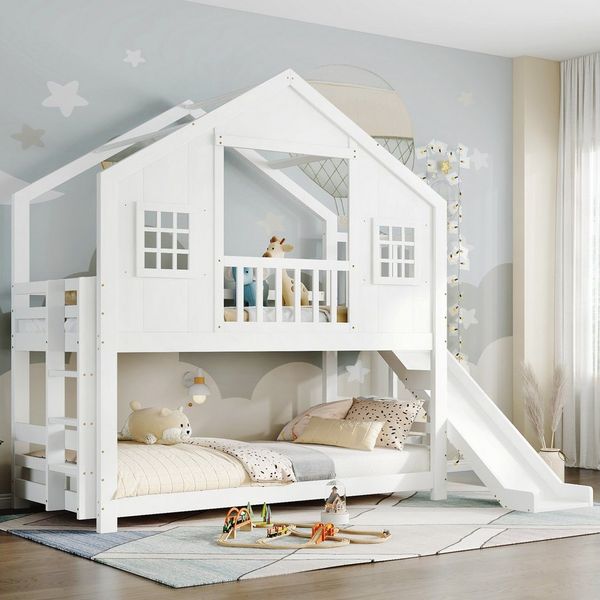REDOM Etagenbett mit Rutsche, stabilem Lattenrost und Stufen, Fenster- und Dachdesign (90x200 cm, Kinderbett Gästebett), ohne Matratze