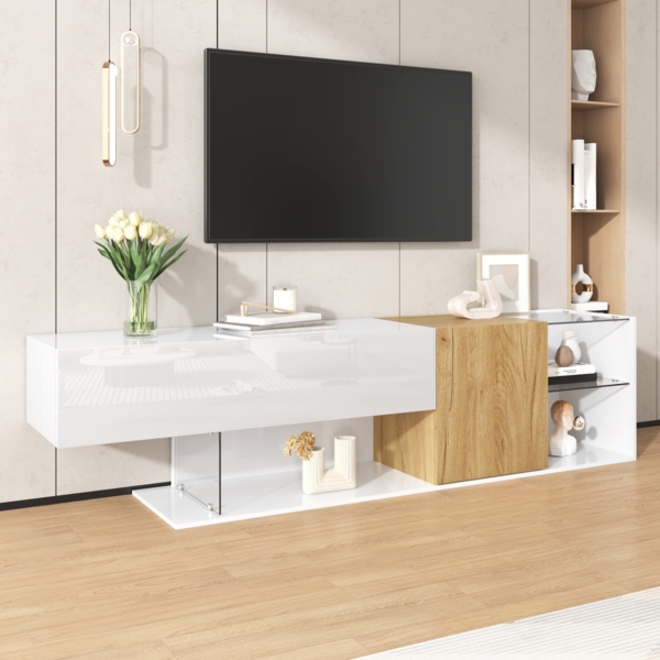 TV-Kommode, Hochglanz Weiß mit Holzoptik und Glasregalen stilvolles Design, MDF/Glas, Weiß Holzoptik, 180 cm