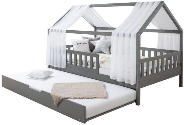 Ticaa Hausbett Kim mit Rausfallschutz und Zusatzbett aus Kiefer, Kinderbett 140x200, inkl. Tüll-Set, mit Rollrost