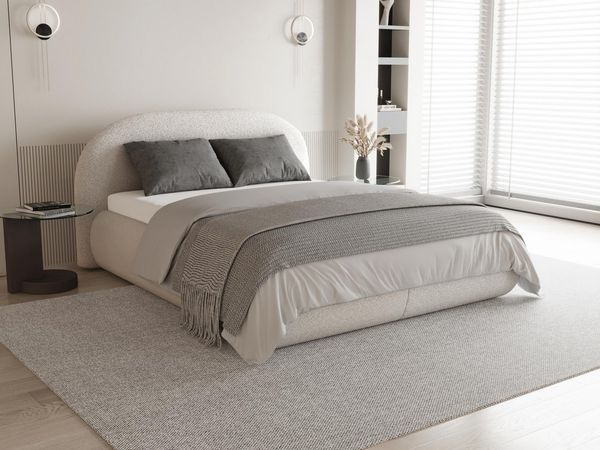 Beautysofa Polsterbett MOTTI mit Bettkasten und gepolstertem Kopfteil (Erhältlich in 3 Breiten: 140, 160 oder 180 cm, mit oder ohne Matratze und Topper), Modischer Bouclé-Stoff in 3 Beigetönen