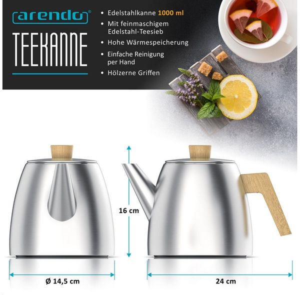 Arendo Teekanne Edelstahl, Siebeinsatz, 1000 ml, mit Griffen aus Holz, Isolierkanne, 1 l, (Set, 2-St), Doppelwandige Thermo Isolierung, Kanne mit Teesieb für losen Tee