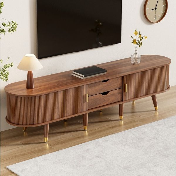 Celya TV-Schrank TV-Möbel, TV-Ständer, niedrigerer Fernsehschrank mit Schiebetüren (mit offenen Fächern, Schubladen und Schrank, natürliches Design) Geeignet für Wohnzimmer