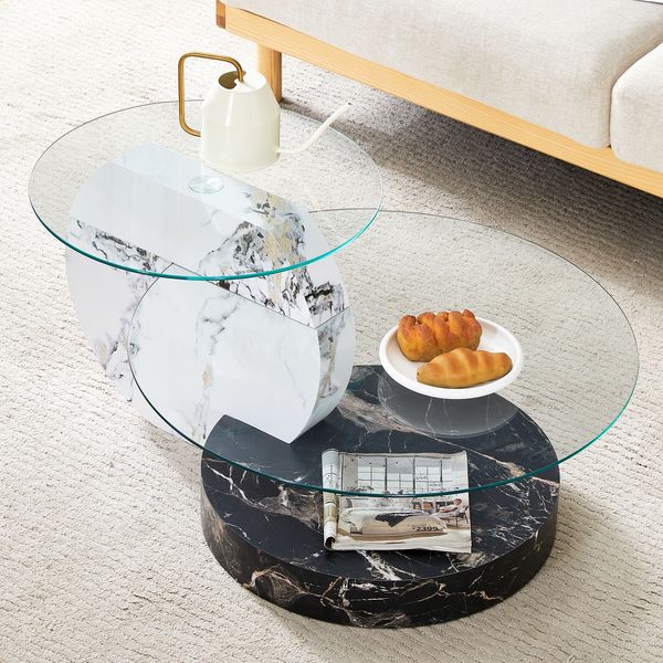 Couchtisch mit 2 Ebenen, Glasplatten H 44 x T 90 x B 70 cm, MDF in Schwarz-Weiß-Marmoroptik