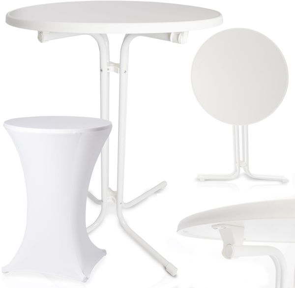 Onbest Stehtisch klappbar – mit festlicher Husse – 110cm hoch – Ø80 cm Tischplatte – rund– für In- & Outdoor –Bistrotisch – Biertisch – Gartentisch - Gartentisch Klapptisch (Weiß)