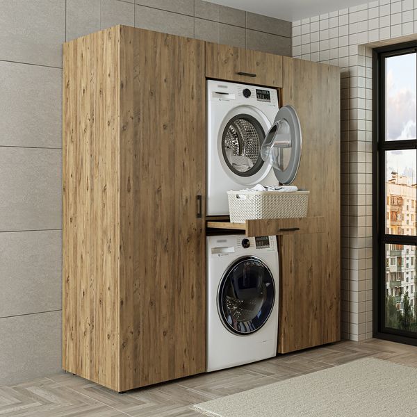 Roomart DUO I Schrankwand 187 cm – Waschmaschine & Trockner, Soft-Close | • Eiche