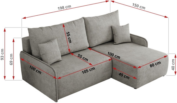 Ecksofa für das Wohnzimmer, mit losen Kissen, Schlaffunktion und Bettkästen, L-förmiges Ecksofa mit Armlehnen, Wellenfeder - ARPA - Hellgrau Struktur - linke Seite Bild 7