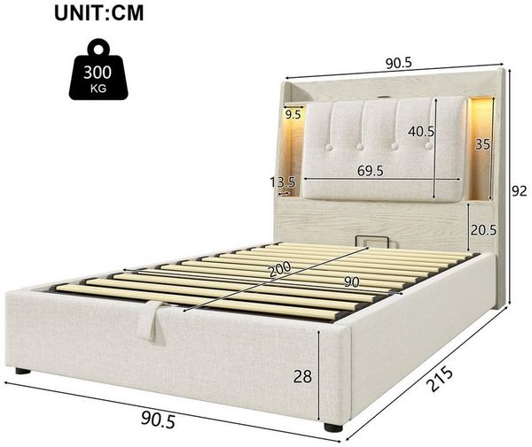 Ulife Polsterbett Jugendbett, Hydraulik-Staubett, Flip-Top-Aufbewahrung (1-tlg, Ohne Matratze), mit LED-Beleuchtung + USB-Typ-C Ladefunktion