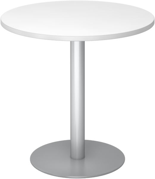 bümö Besprechungstisch, Esstisch klein, Tisch rund 80 cm - kleiner Esstisch weiß, Rundtisch Esstisch 2 Personen mit Holz-Platte, Säule aus Metall in silber, Konferenztisch, Bistrotisch, STF08-W-S
