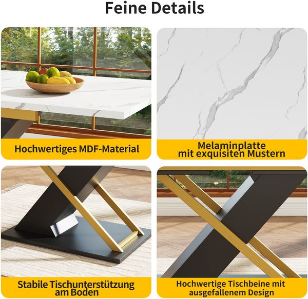 Esstisch Ausziehtisch (120-160×80cm), Küchen-Wohnzimmertisch, Ausziehtisch, mit Hilfe von innenliegender Einlegeplatte auf 160cm ausziehbar, Esstisch mit goldenen Kreuzbeinen Bild 8