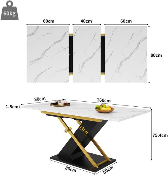 Esstisch Ausziehtisch (120-160×80cm), Küchen-Wohnzimmertisch, Ausziehtisch, mit Hilfe von innenliegender Einlegeplatte auf 160cm ausziehbar, Esstisch mit goldenen Kreuzbeinen Bild 2