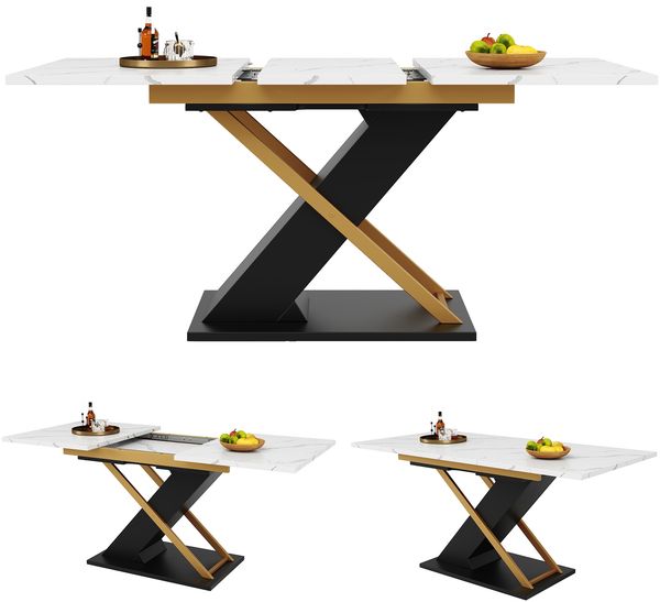 Esstisch Ausziehtisch (120-160×80cm), Küchen-Wohnzimmertisch, Ausziehtisch, mit Hilfe von innenliegender Einlegeplatte auf 160cm ausziehbar, Esstisch mit goldenen Kreuzbeinen Bild 5