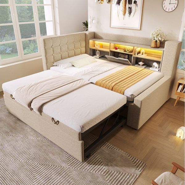 Odikalo Schlafsofa Schlafcouch 90x200 mit LED Ausziehbett und Stauraum, Polsterbett Bett 90x200 cm mit Ausziehbett 90x190, und LED-Beleuchtung,Struraumbett, L-förmigem Kopfteil mit Stauraum, beidseitig montierbar, Lattenrost, Leinen, (Ohne Matratze)