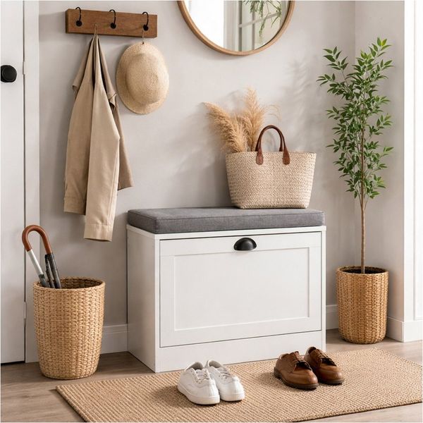 HTI-Living Schuhschrank Schuhschrank Thekla 1 Klappe 60 cm Weiß mit Sitzkissen (Stück, 1-St, 1 Schuhschrank)