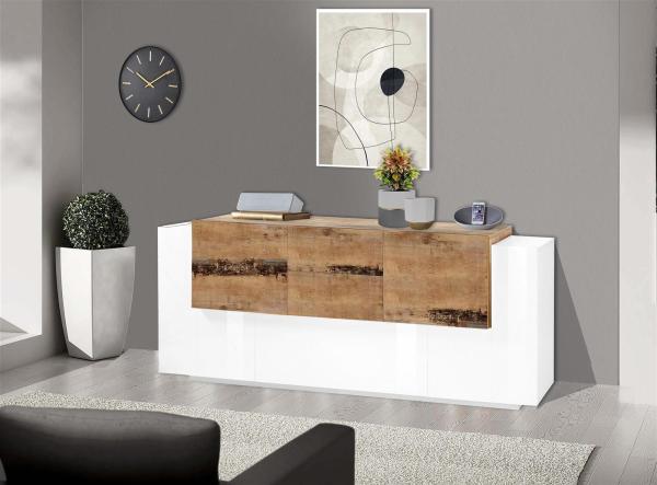 Sideboard >Catania< in Weiß-Hochglanz / Ahorn - 220x86x45cm (BxHxT)