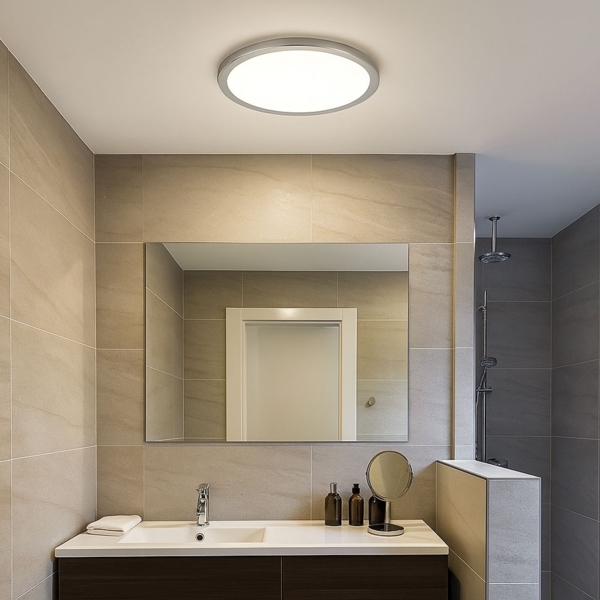 LED Deckenleuchte, IP44, dimmbar, Backlight, silber, D 29,4 cm