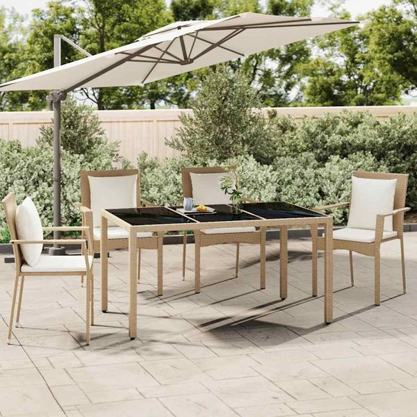 Gartentisch, Balkontisch mit Glasplatte Beige Poly Rattan & Hartglas