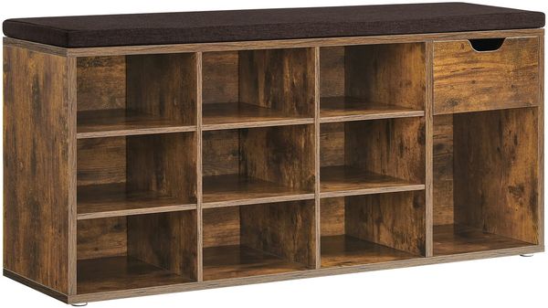 VASAGLE Schuhbank, Schuhregal mit Schublade und offenen Fächern, Sitzbank, gepolsterter Sitz, Flur, Schlafzimmer und Eingangsbereich, 30 x 104 x 48 cm, vintagebraun-braun LHS024T01
