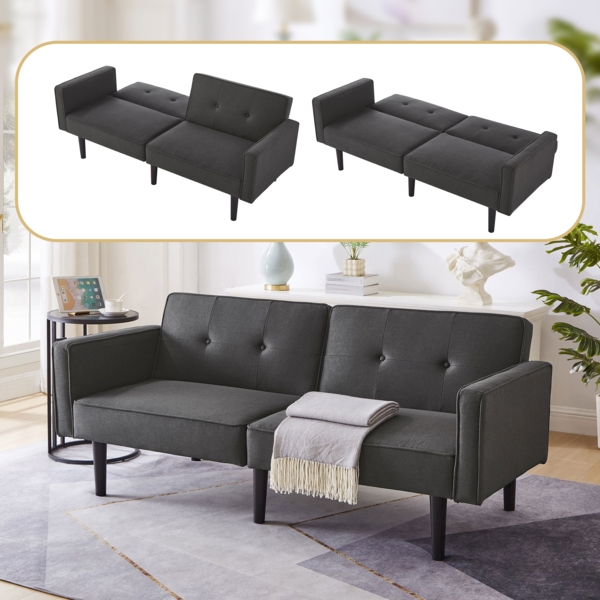 Merax Schlafsofa 2-in-1-Sofabett, Zweisitzer-Sofa, unabhängig verstellbare Doppelrückenlehnen, mit Schlaffunktion, Baumwoll-Leinen-Stoff, Schwarz