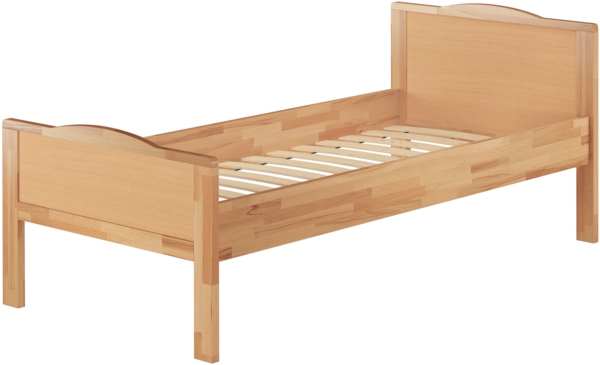 Erst-Holz Einzelbett, Buchebett Massivholz natur, extra hoch mit Rollrost, 100x200 cm