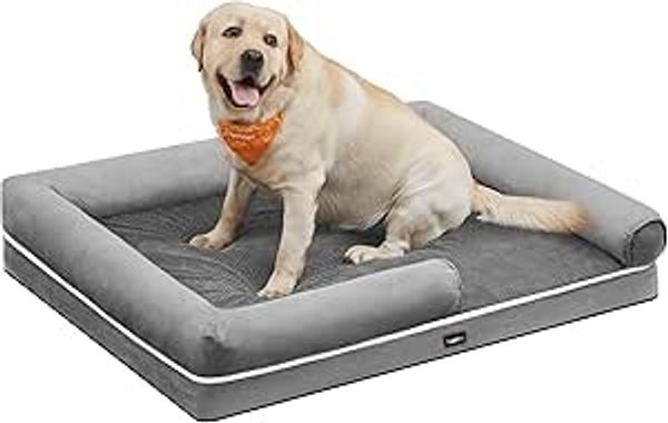 Feandrea Orthopädisches Hundebett, Hundekissen, Hundekorb, weiche Polsterung, Hundesofa, erhöhte Ränder, Bezug abnehmbar und waschbar, 135 x 107 x 25 cm, rutschfeste Unterseite, hellgrau