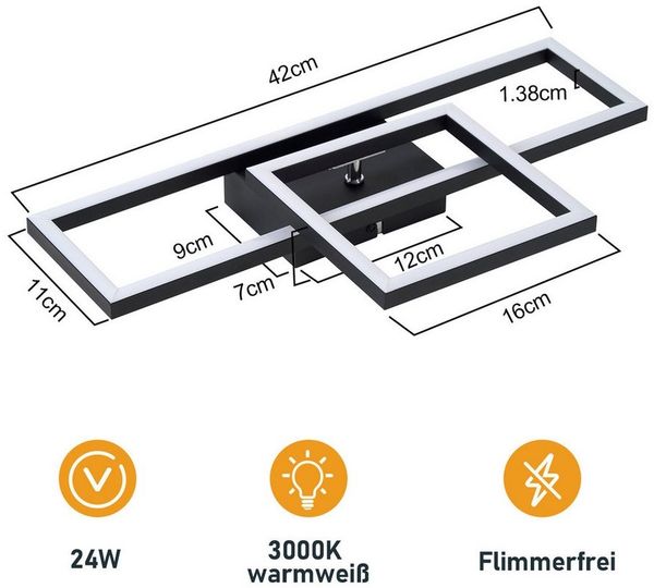 ZMH LED Deckenleuchte Wohnzimmer- Schwarz/Weiß 2 Rahmen 3000K Deckenlampe für Flur Küche
