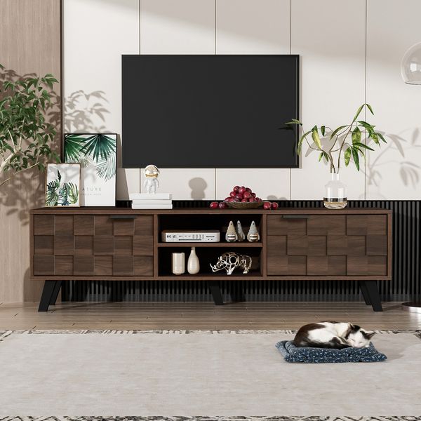 Moderner TV-Schrank 160,5 x 35,5 x 45 cm mit 2 Türen und 2 offenen Fächern – Dunkelholz-Design