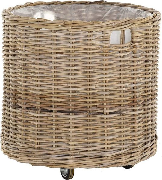 Krines Home Allzweckkorb Pflanzkorb groß Rattan XXL Rollkorb Rattankorb Grau Natur Rund, mit Rollen